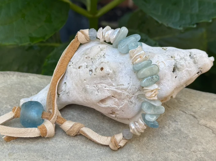 Keishi Pearl & Aquamarine Suede Leather Bracelet