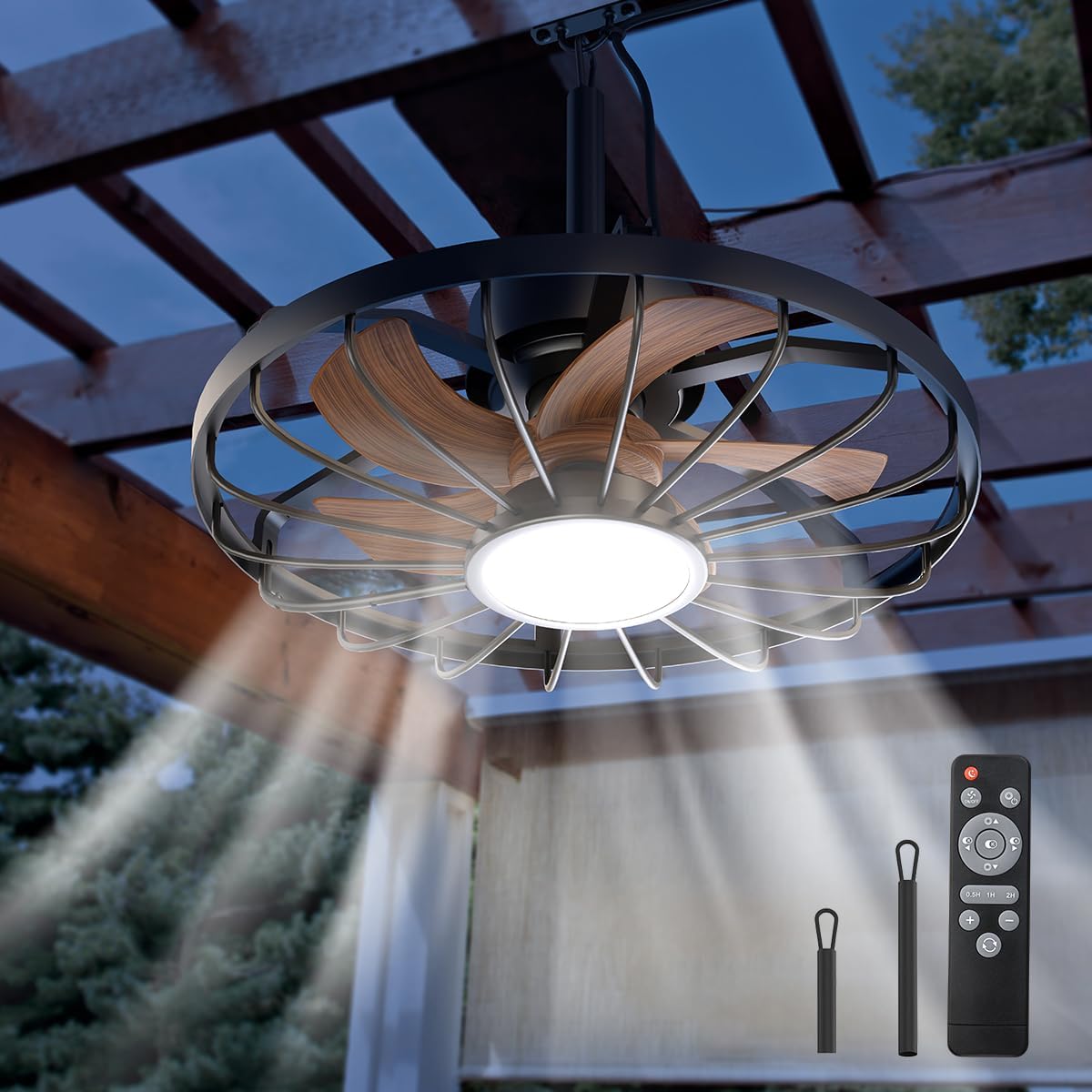 Deckenventilatorleuchte für den Außenbereich, Außenlicht mit Ventilator, IP44 Wasserdicht, 6 Lüftungsgeschwindigkeiten, mühelose Lichtdimmung, für Terrassen, Pergolen, Wohnzimmer, Esszimmer