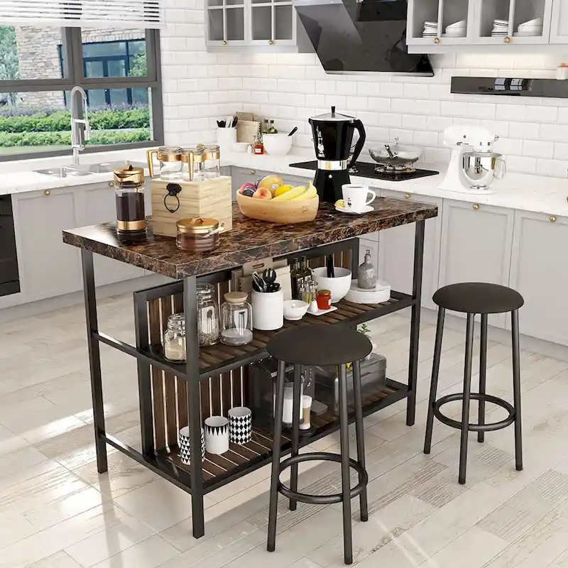 Kitchen Island with 2 Stools and Open Shelves