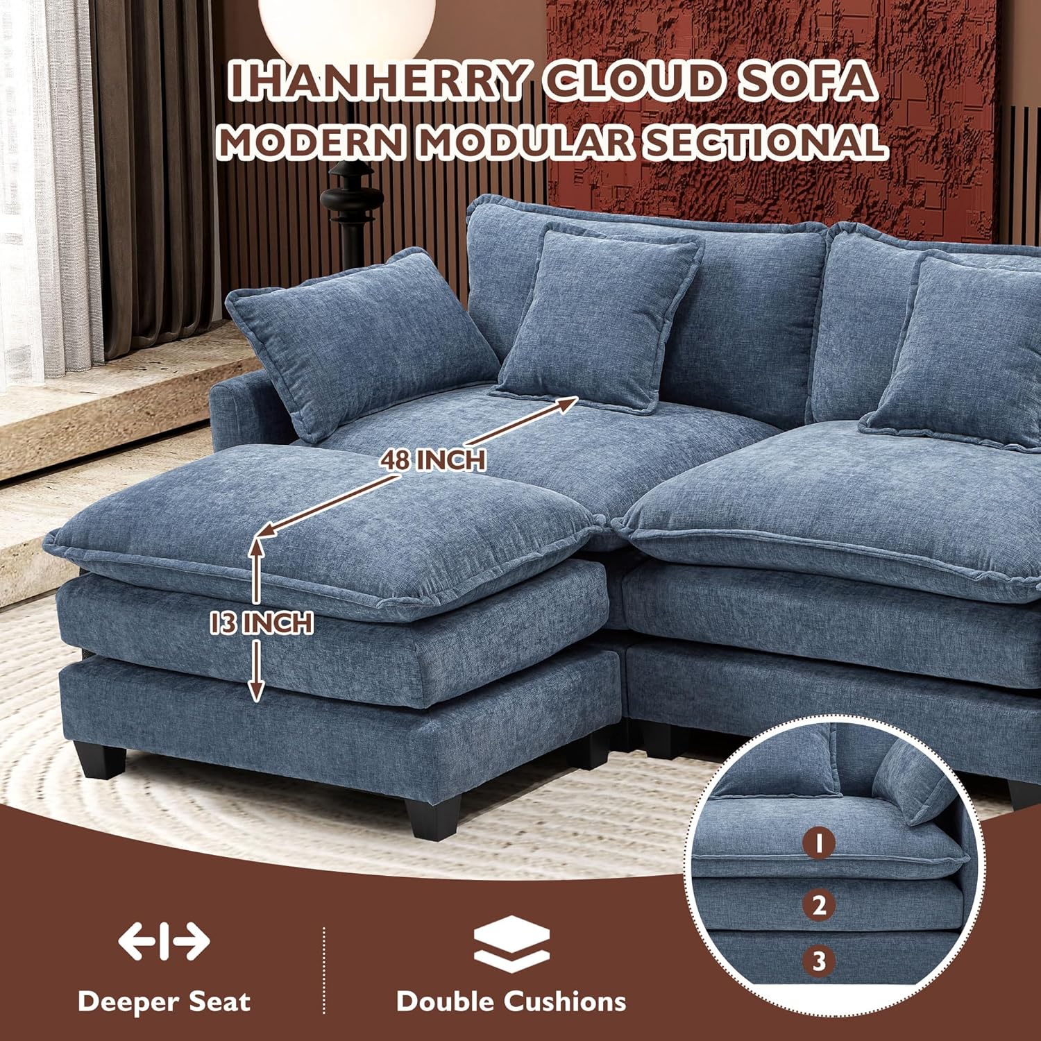 111.4 Inch L-Shaped Modern Sofa Modular Cloud Sofa Ottoman 4-Seater Chenille Deep Seat Sofa