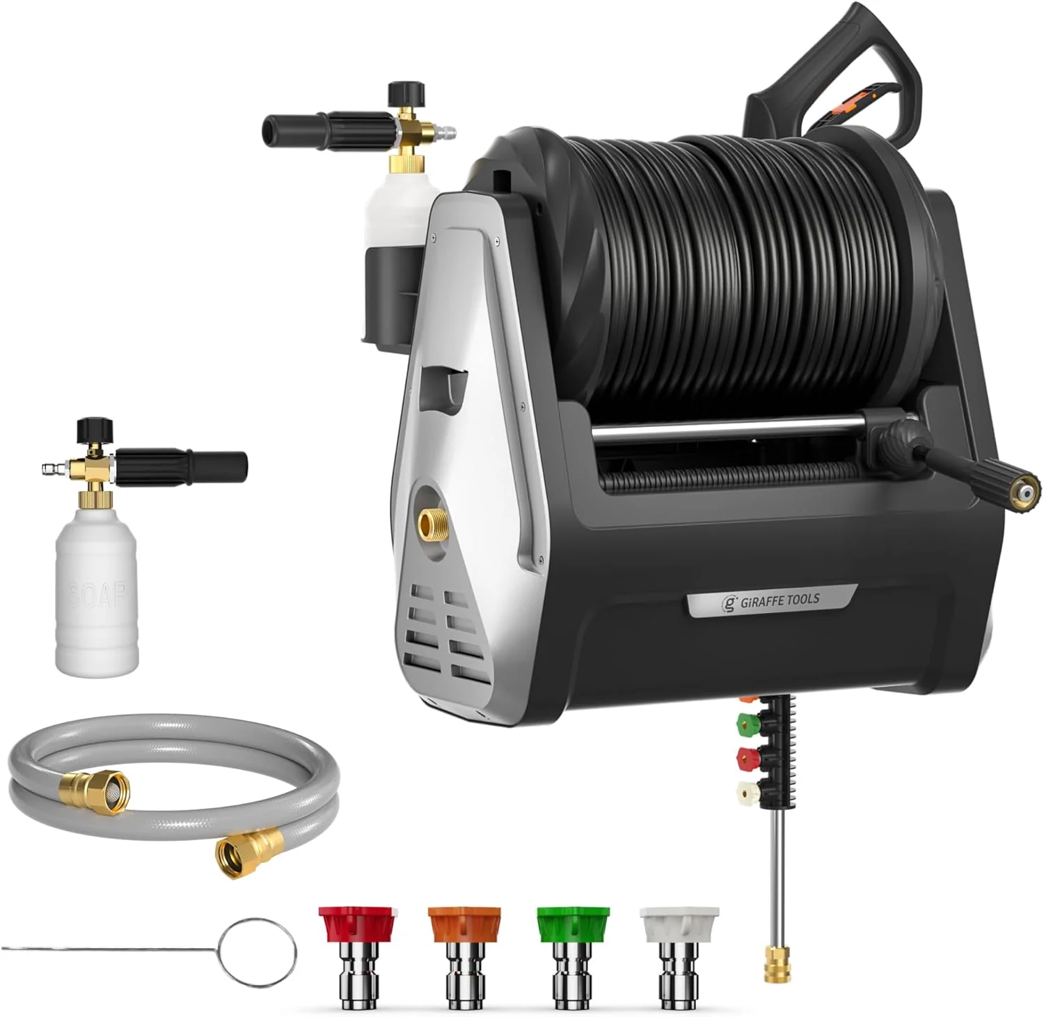 Giraffe Tools falra szerelhető magasnyomású mosó, továbbfejlesztett 1800W-os motorral, 2900 PSI, 2,2 GPM elektromos mosó, automata visszatekerés, 30 m magasnyomású tömlő, 5 fúvóka padlóhoz/autókhoz/kerítésekhez/teraszonokhoz