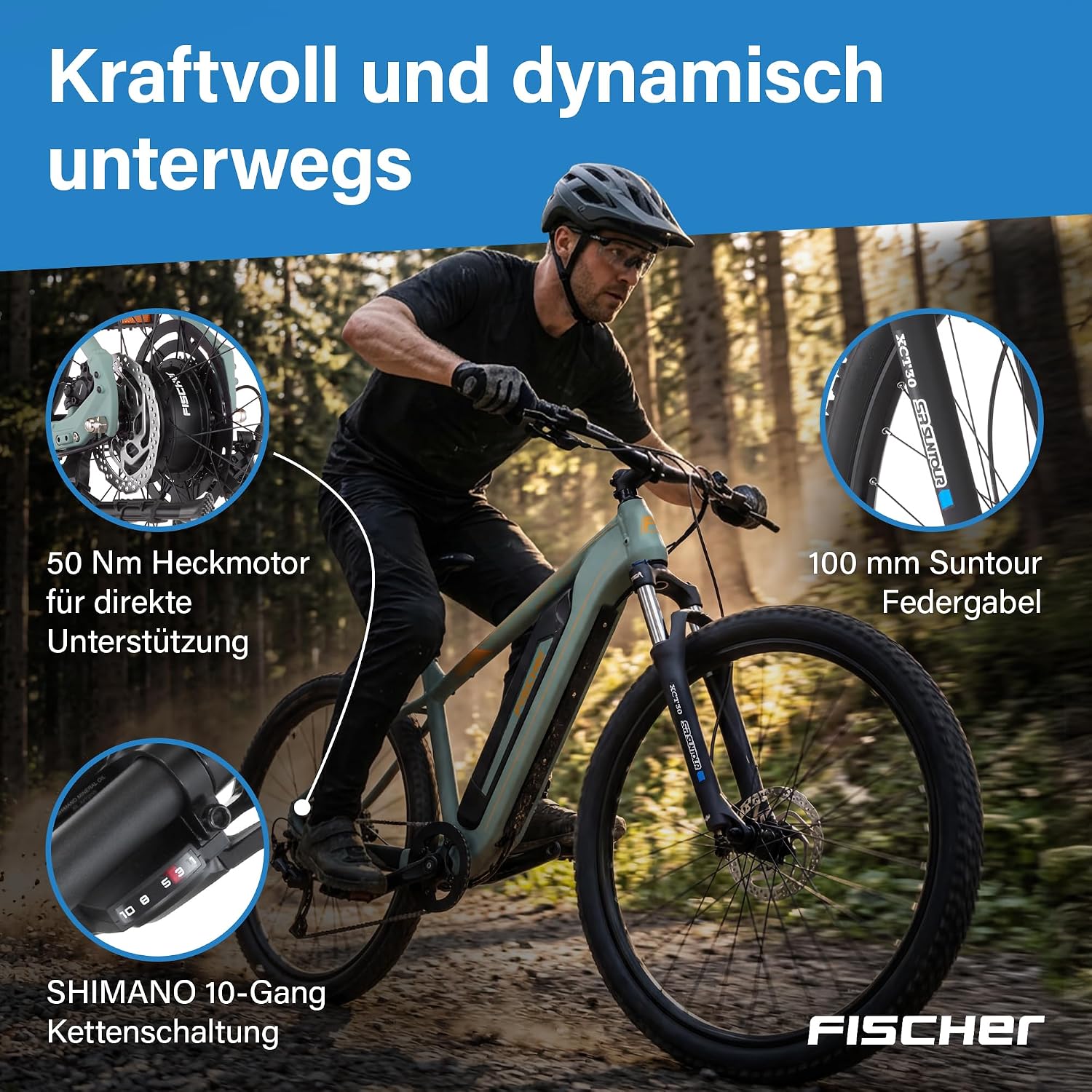 Fischer E-Bike MTB Montis 2.2 Active Elektrofahrrad für Damen und Herren, RH 49, Heckmotor 50 Nm, 48 V Akku
