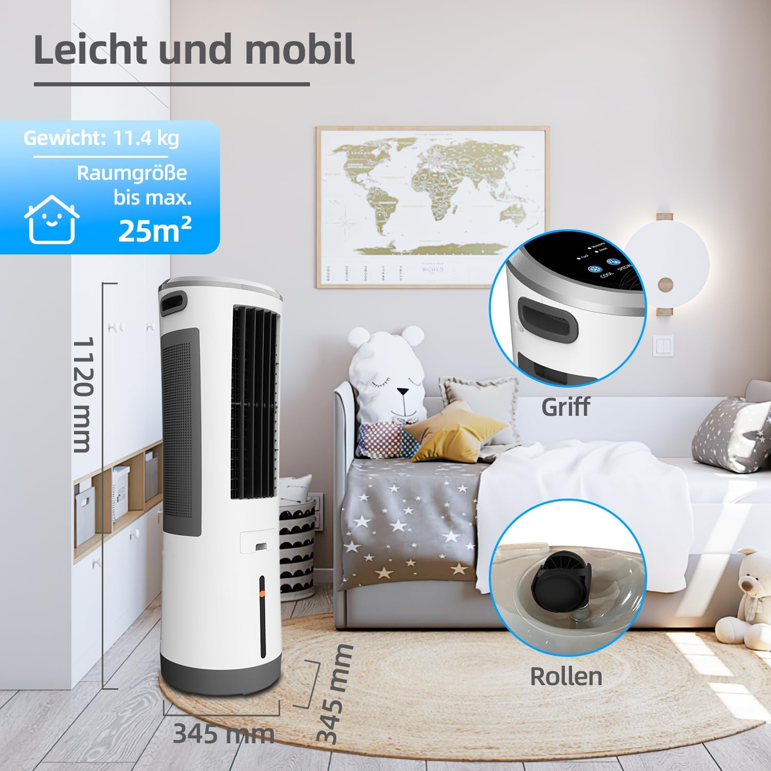 BE COOL 5in1 Luftkühler mit Wasserkühlung - Verdunstungskühler, Ventilator, Luftbefeuchter, Luftwäscher, Mückenabwehr - 110 Watt, 18L Wassertank, Luftumwälzung: 1600m³/h, Fernbedienung, weiß/grau