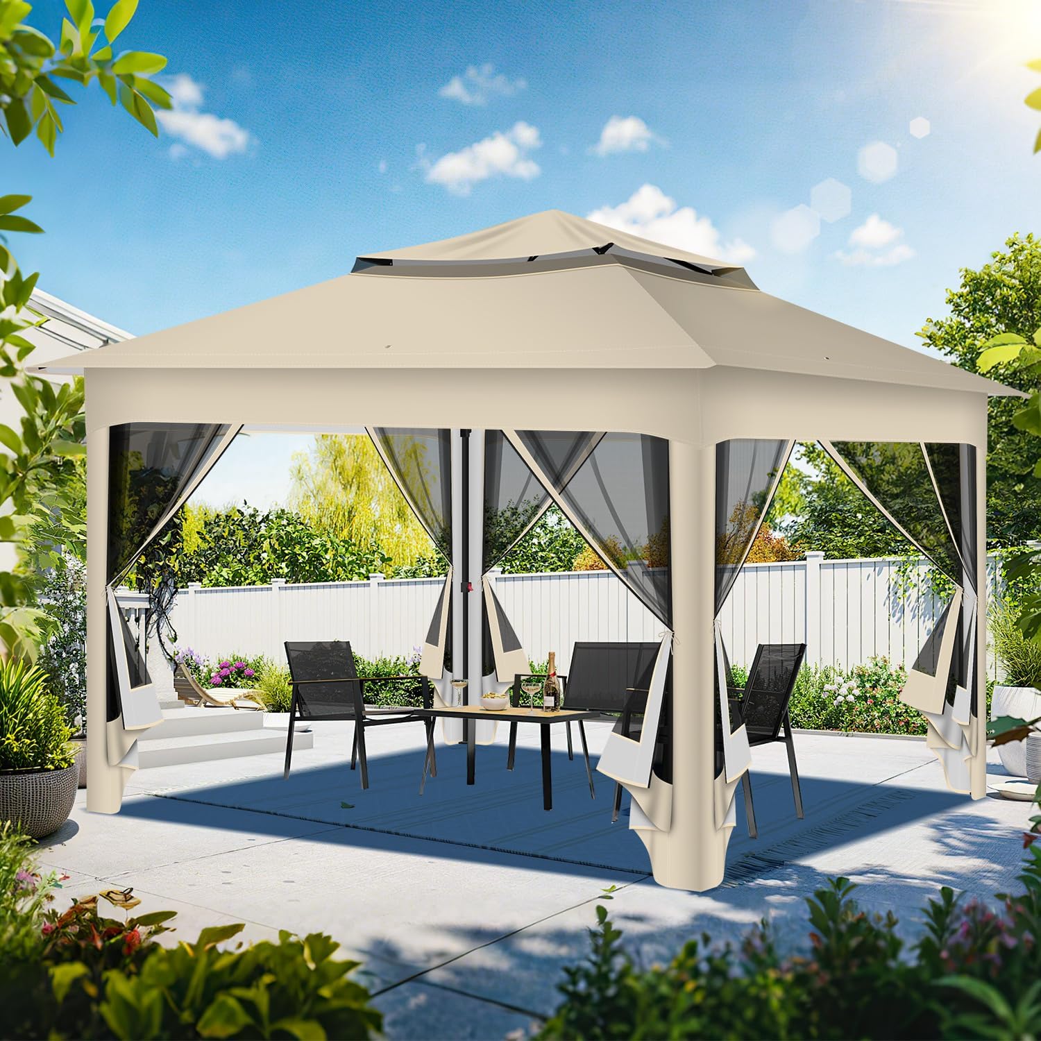 Gartenpavillon 3x3m Wasserdicht UV-beständig, Pavillon mit 4 Seitenteilen, Höhenverstellbar, Stabil Partyzelt mit Sandsäcken & Tragetasche mit Rädern für Garten Party Camping, Beige