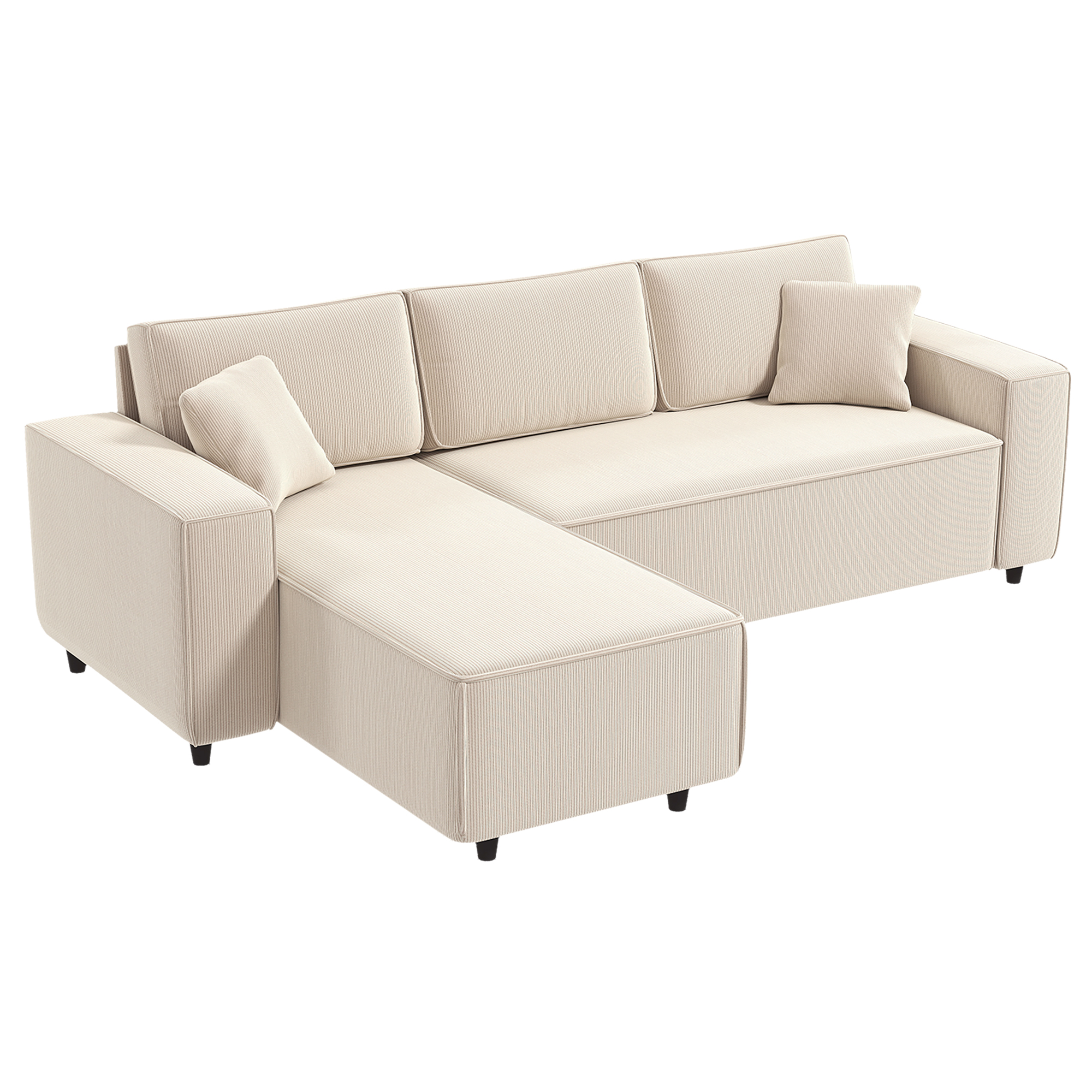3-Zitsbank met Chaise Longue, Woonkamerbank met Corduroy Bekleding, 2 Extra Kussens, Gestoffeerde Bank, Cr��mewit