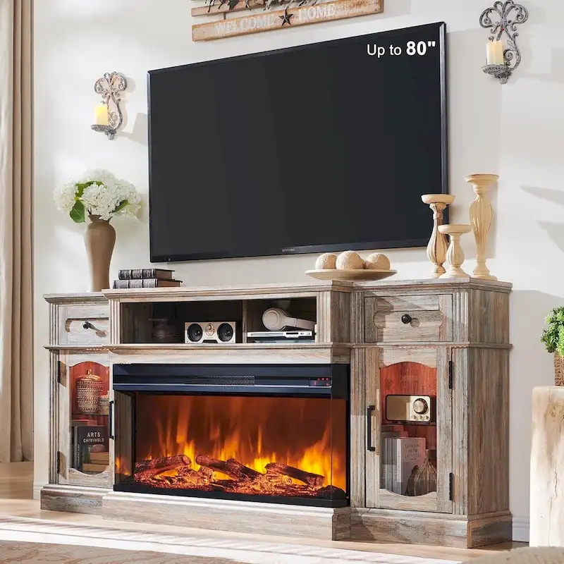 Farmhouse Electric Fireplace TV Stands up to 80, Entertainment Center