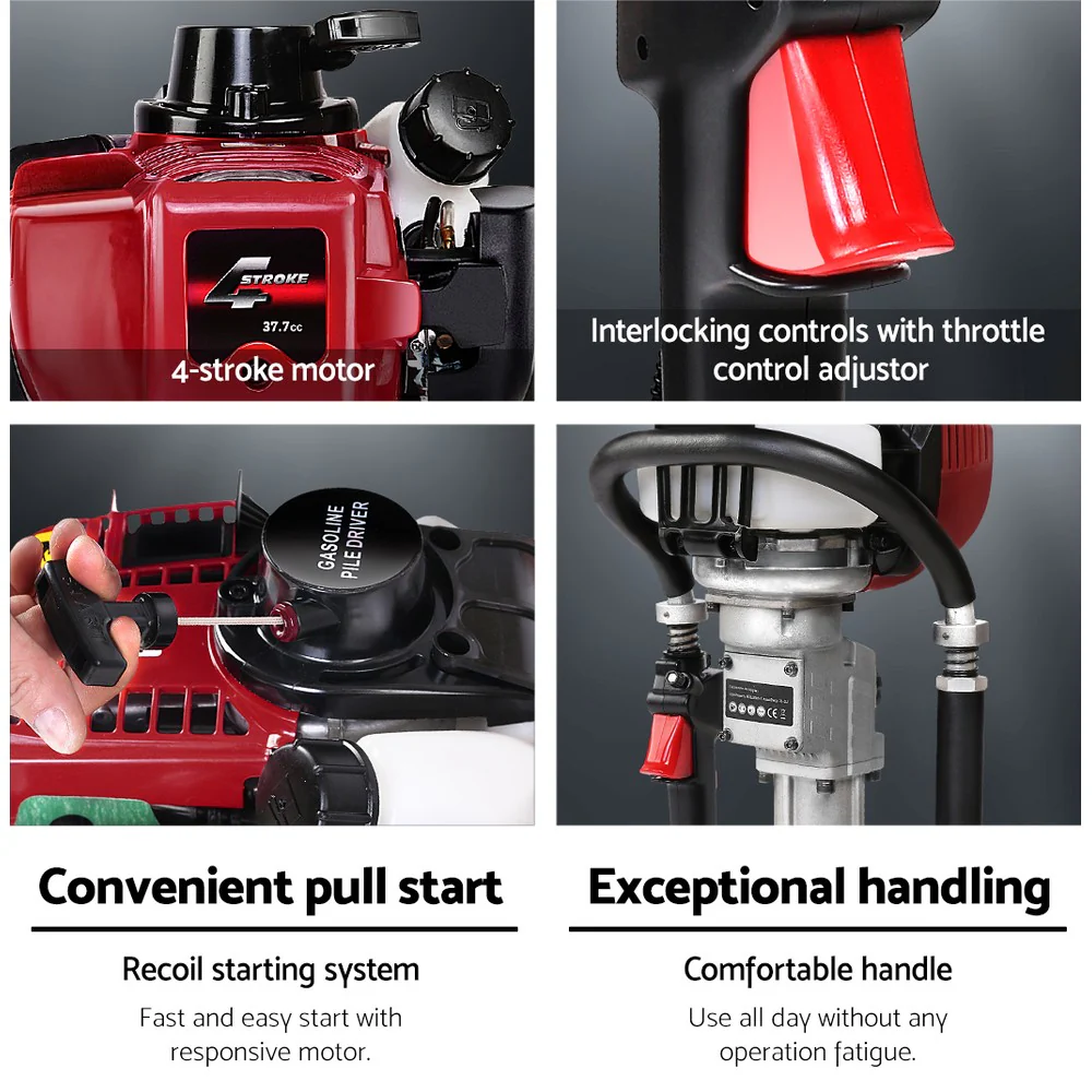 Giantz Petrol Post Driver 38CC 4-Stroke Rammer Pile Star Picket Fence Hole Drive Red