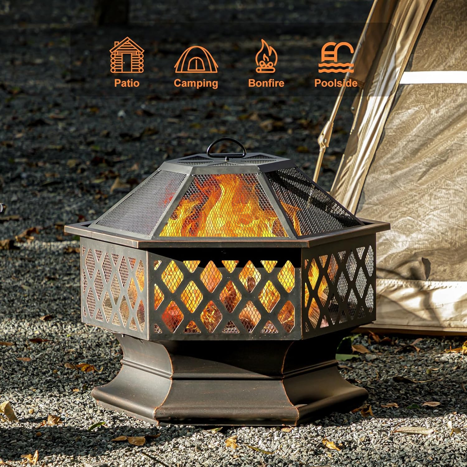 Panovue 28Inch Outdoor Fire Pit, Hexagon Shaped Wood Burning Firepit for Outside Bonfire, Patio, Backyard and Camping (Antique Bronze)