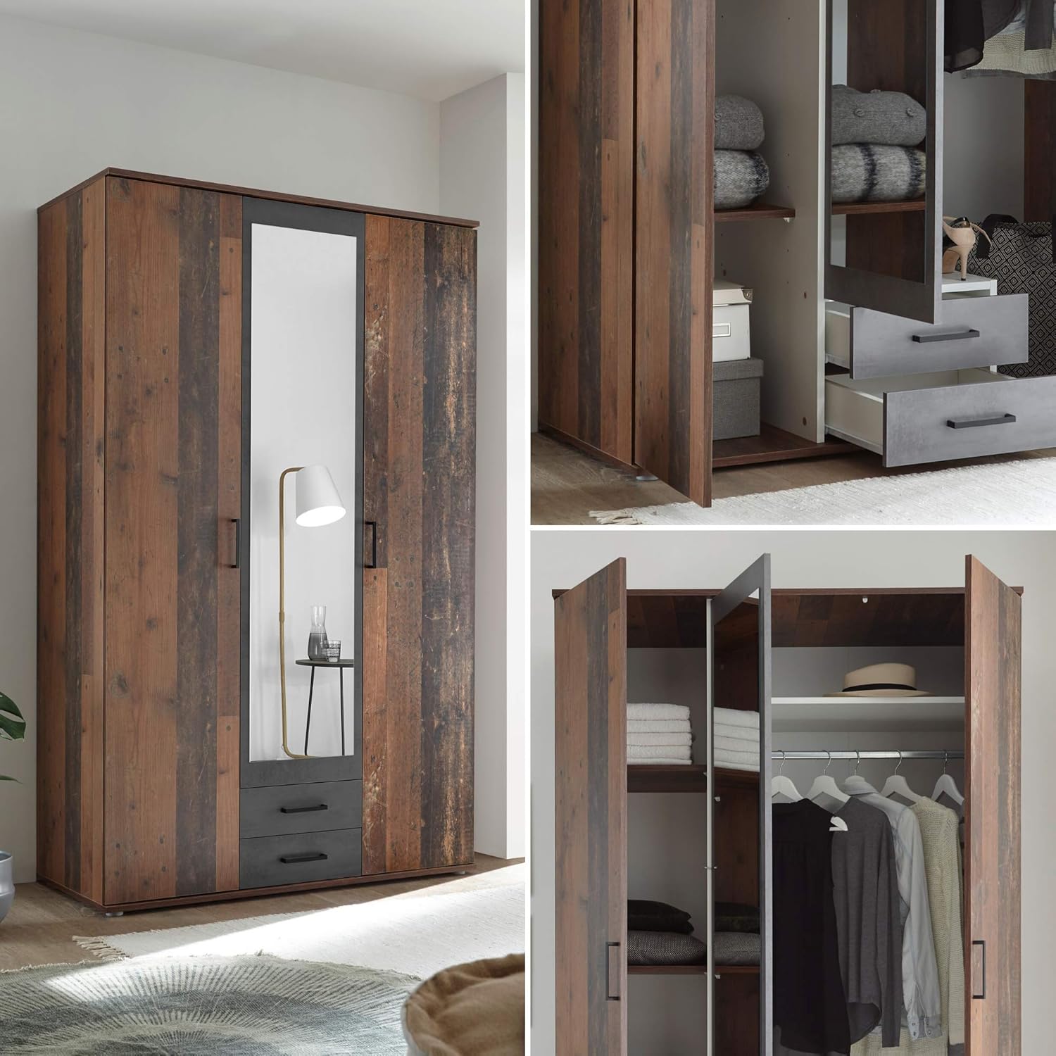 CHICAGO Eleganter Kleiderschrank mit viel Stauraum - Vielseitiger Drehtürenschrank in Old Style & Betonoxid Optik - 120 x 197 x 54 cm (B/H/T)