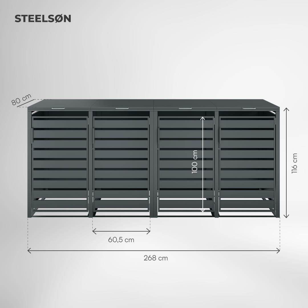 STEELSØN Kestra Mülltonnenbox 4er bis 240L – Mülltonnenverkleidung mit Sichtstreifen aus Stahl – hochwertige Müllcontainer in Anthrazit für 4 Tonnen – Müllbox/Gerätebox wetterfest & UV-beständig