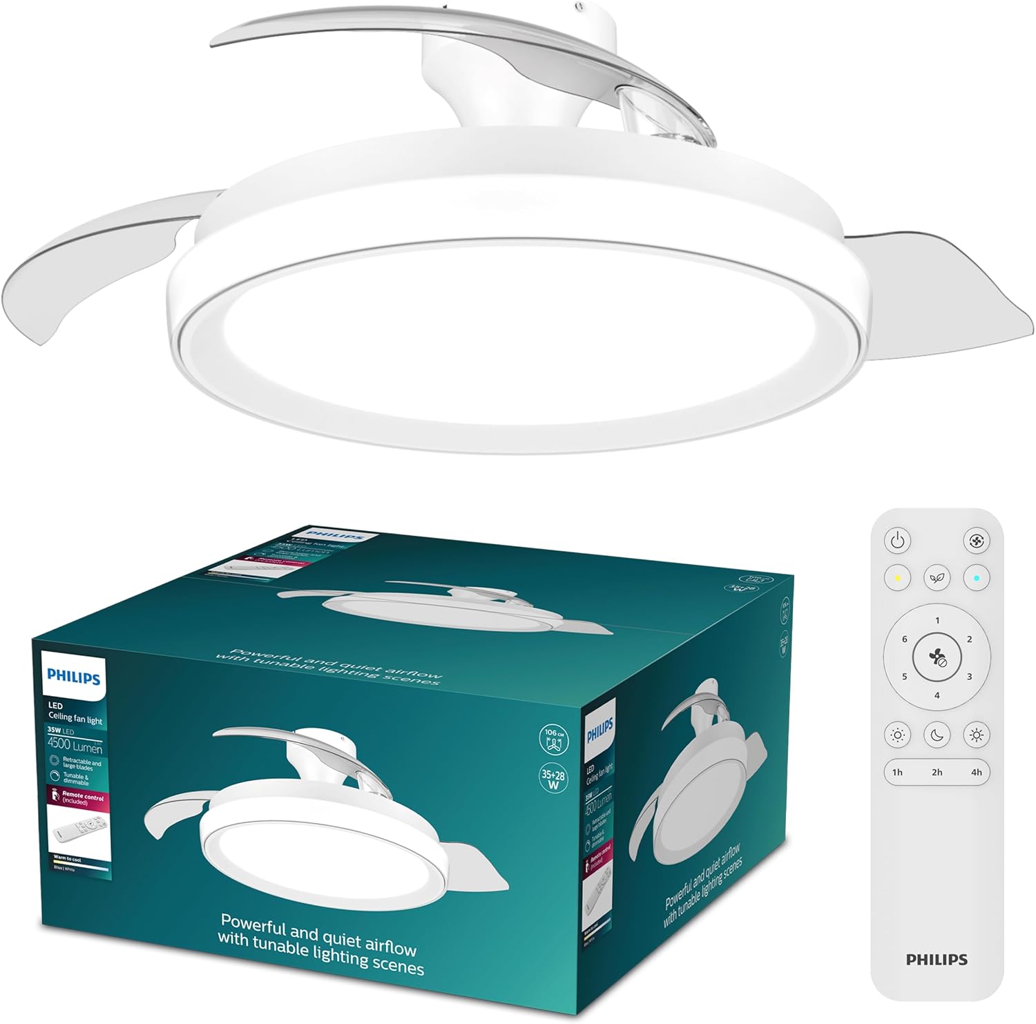 Philips Bliss Deckenventilator mit LED-Licht und Einziehbaren Flügeln, 3 Flügel, 106 cm Flügelspannweite, 4.500 Lumen, Einstellb. Licht (3.000 K bis 6.500 K), Dimmbar bis 5%, Inkl. Fernbedienung, Weiß