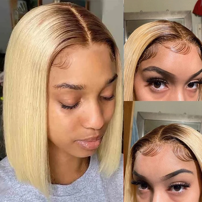 Blonde Wig With Dark Roots 13x4 Blonde Short Bob Blunt Cut Lace Front Wig Straight Transparent Lace Wigs For Women