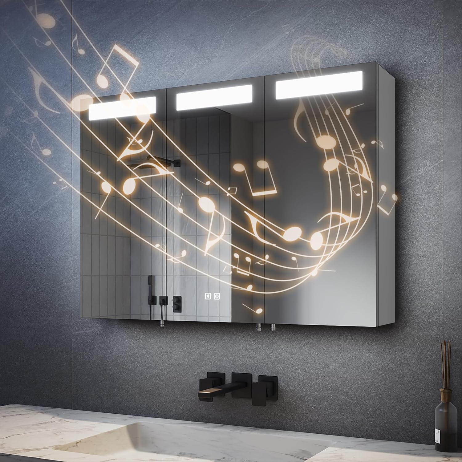 SVNR 90x65 cm Spiegelschrank Mit LED-Beleuchtung Fürs Badezimmer, 3-Türiger Badspiegelschrank Beleuchtung Mit Bluetooth, Touch-Schalter, Antibeschlag & Steckdose (Silber)