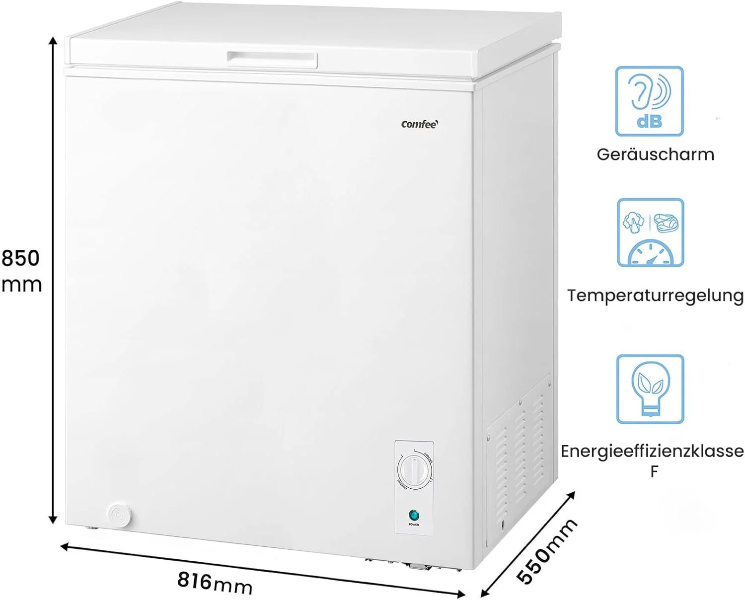 Comfee RCC100WH2(E) Gefriertruhe/169 kWh/Jahr/85cm hoch/99L/38dB/Geringe Lautstärke/Hoch effizientesD-förmigesRohr/Geeignet für verschiedene Einsatzszenarien/Einstellbarer Temperaturregler/Weiß