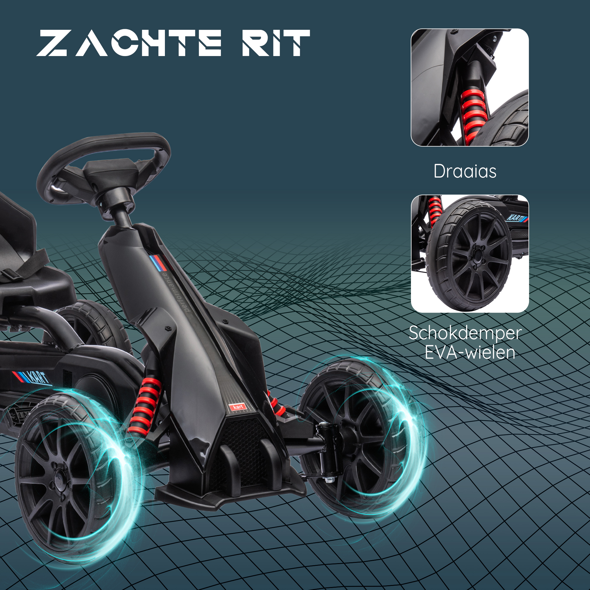 HOMCOM Go-Kart Kinderrijtuig met Verstelbare Zitting, Trapvoertuig, Trapauto met Handrem, 3-8 Jaar, Buiten, Zwart