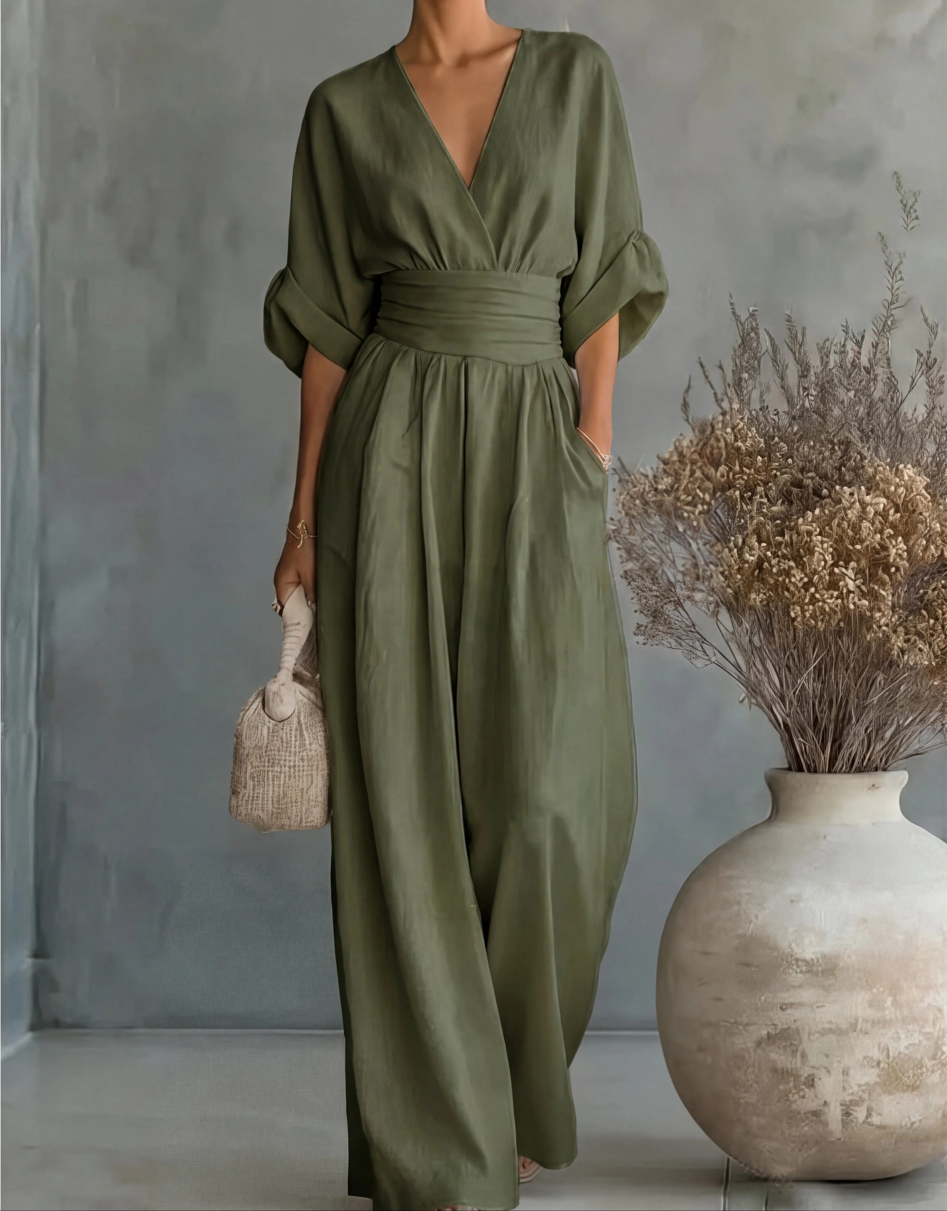 Women��s Elegant Wide-Leg Jumpsuit Wrap-Style Design