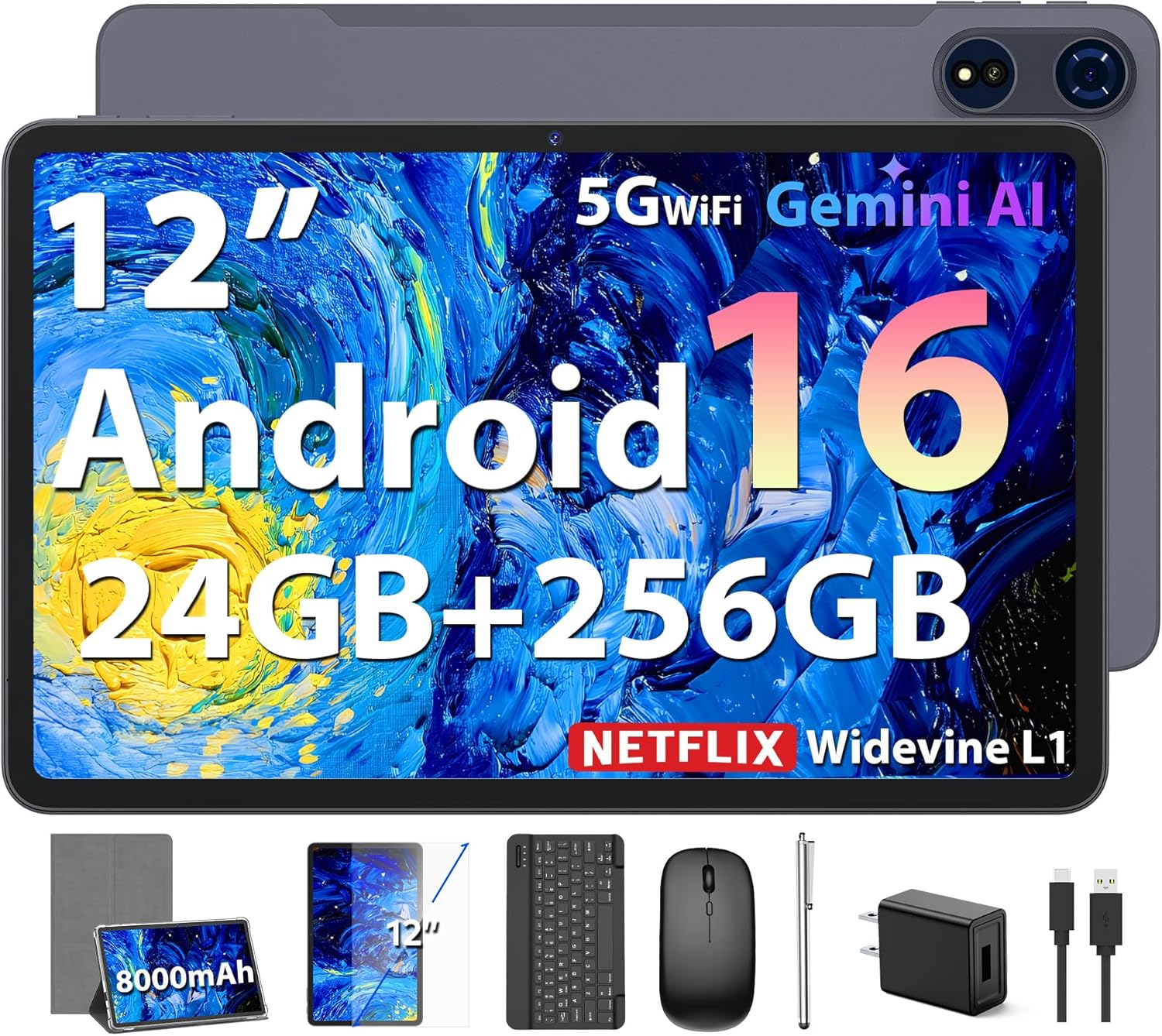 2026 Android 16 Tablet, 12 inch Tablet with Keyboard, 24GB+256GB+2TB Expand, Electronic Tablet PC with 2K Gemini AI, 8000mAh, Octa-Core, GMS, GPS, 2 in 1 Large Tablets with Case, Mouse, Stylus(Silver)