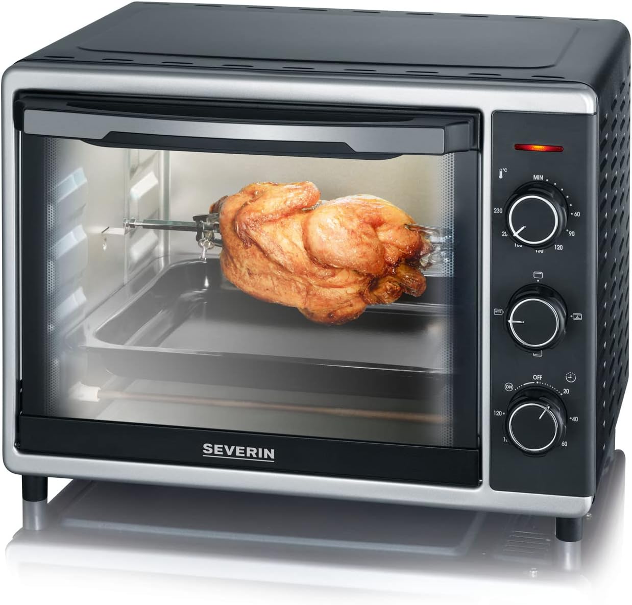 SEVERIN Back- und Toastofen mit Umluftfunktion, Mini Backofen mit Grillrost, Backblech, Drehspie und Pizzastein, vielseitiger Heiluftofen mit 42 L Kapazitt, 1.800 W, schwarz, TO 2058
