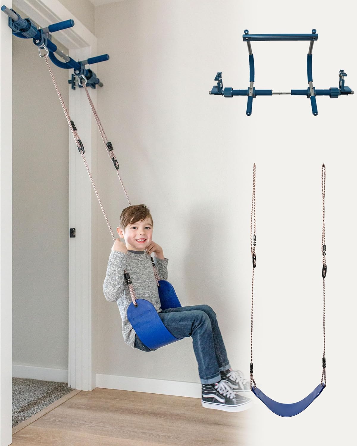 6-Piece Doorway Gym for Kids, includes Door Sensory Swing, Indoor Pull-Up Bar for Adults, Rings, Hanging Trapeze, Ladder & Knotted Rope, Holds Up to 300 Lbs