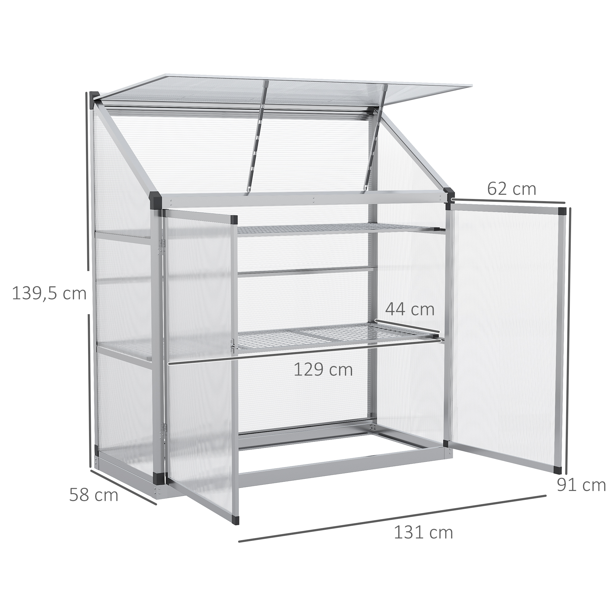 Outsunny serre met funderingsframe, behuizing van polycarbonaat, 2 planken, aluminium frame, 131 x 58 x 139,5 cm
