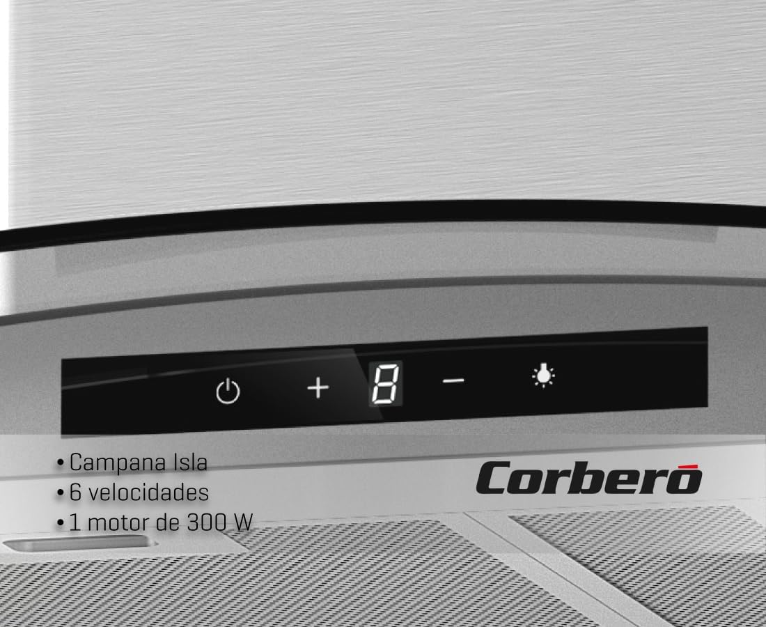 Corberó – Campana Extractora Isla 90 cm | SIROS9100 | Caudal 946m³/h | 66db | 296W | 6 Velocidades | Control Touch| 2 Filtros de Aluminio + Filtro de Carbon | Inox