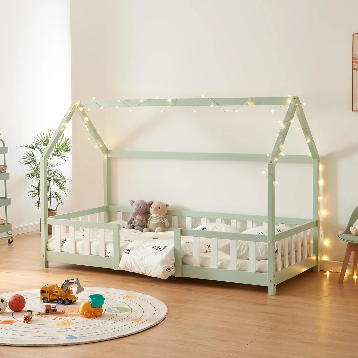 [en.casa] Letto per bambini Sisimiut a capanna 80 x 160 cm con protezione anticaduta letto in legno per bambini letto a terra rete a doghe in legno di pino Bianco opaco