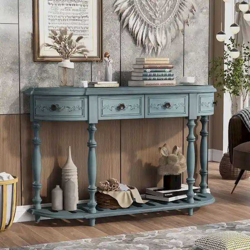 52 Modern and Contemporary Curved Console Table Sofa Table Entryway Table for Hallway Living Room with 4 Drawers and 1 Shelf