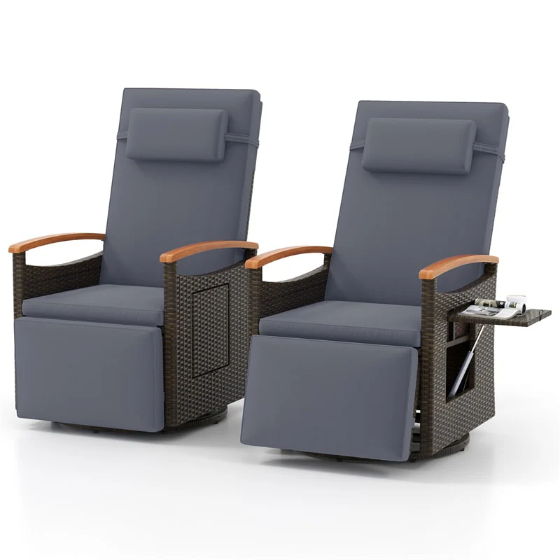 Outdoor Rattan 360° Swivel Recliner Chair, Patio Wicker Chaise Lounge Chair with Adjustable Backrest & Footrest, Flip Side Table & Cushions