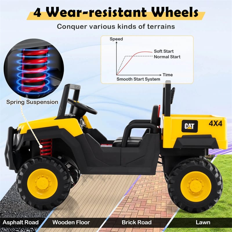 24V 4WD 2-Seater Ride on Dump Truck Licensed Caterpillar Electric Vehicle with Remote Control & Soft Start, Kids Ride On UTV Car with Dump Bed
