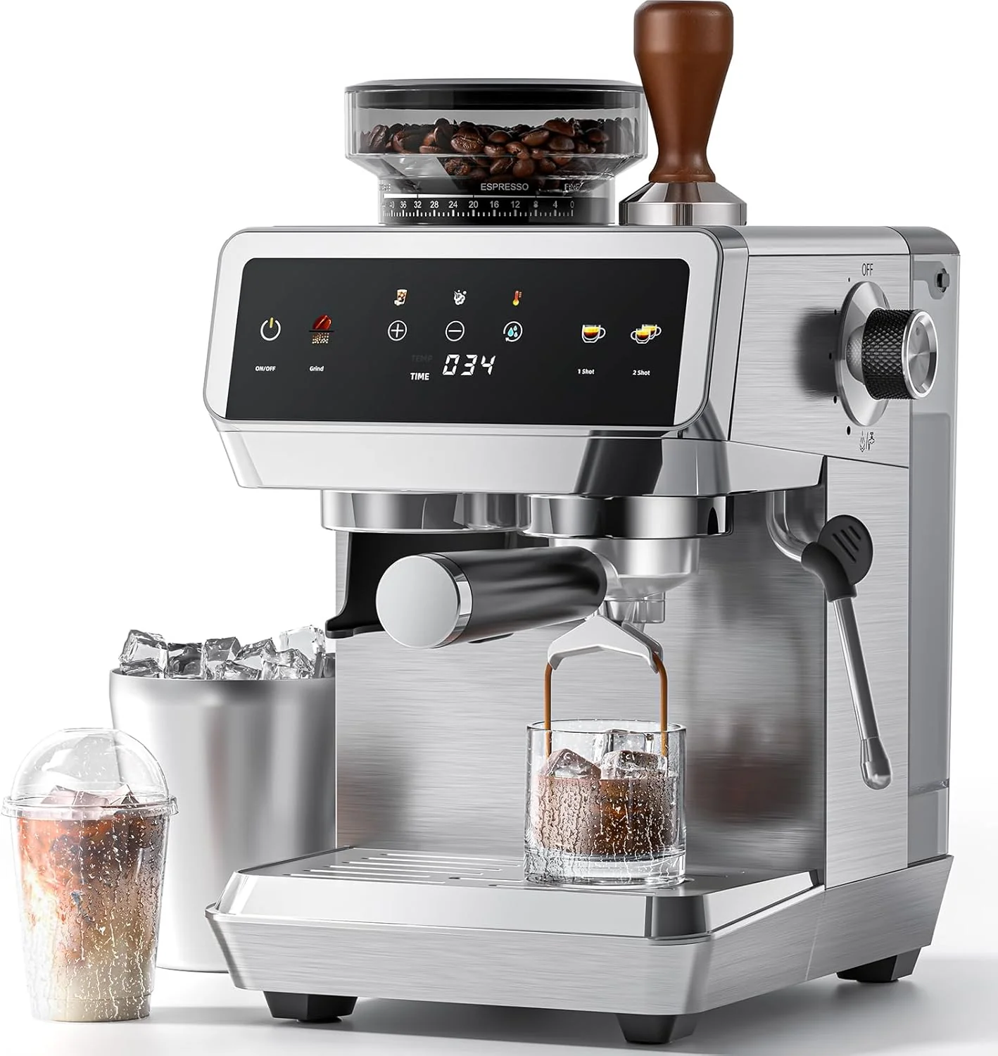 AMZCHEF Espresso Maker with Built-in Grinder 20 Bars – Coffee Machine with 44 Grinding Settings, Milk Steamer, 4 Temperatures, Cold Coffee Function, Stainless Steel, 1.8L Tank