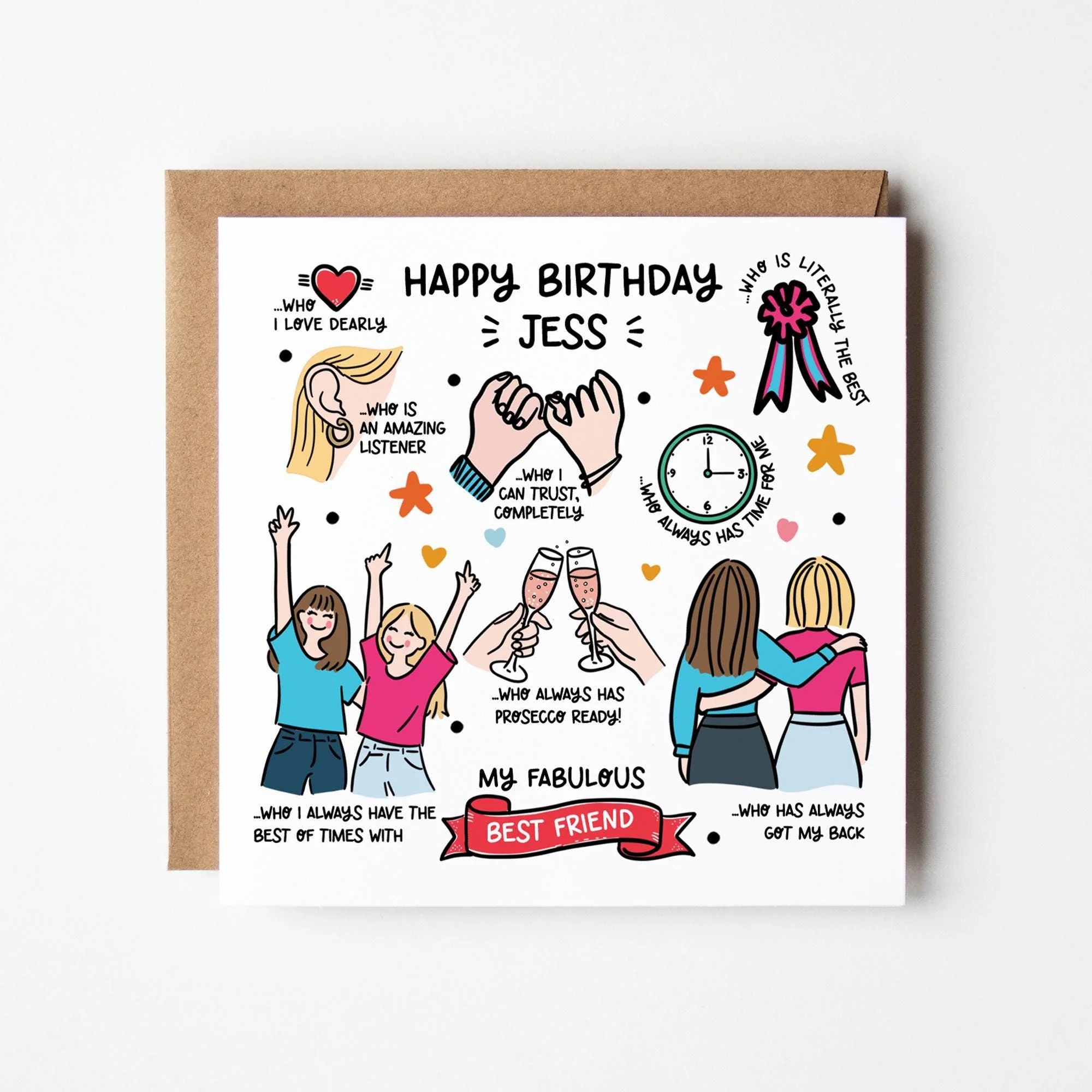 Best Friend Birthday Card, Personalised Blonde and Brunette Card with Kraft Envelope