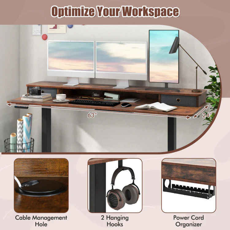 Electric Standing Desk with 2 Drawers, 3 Memory Positions, 63