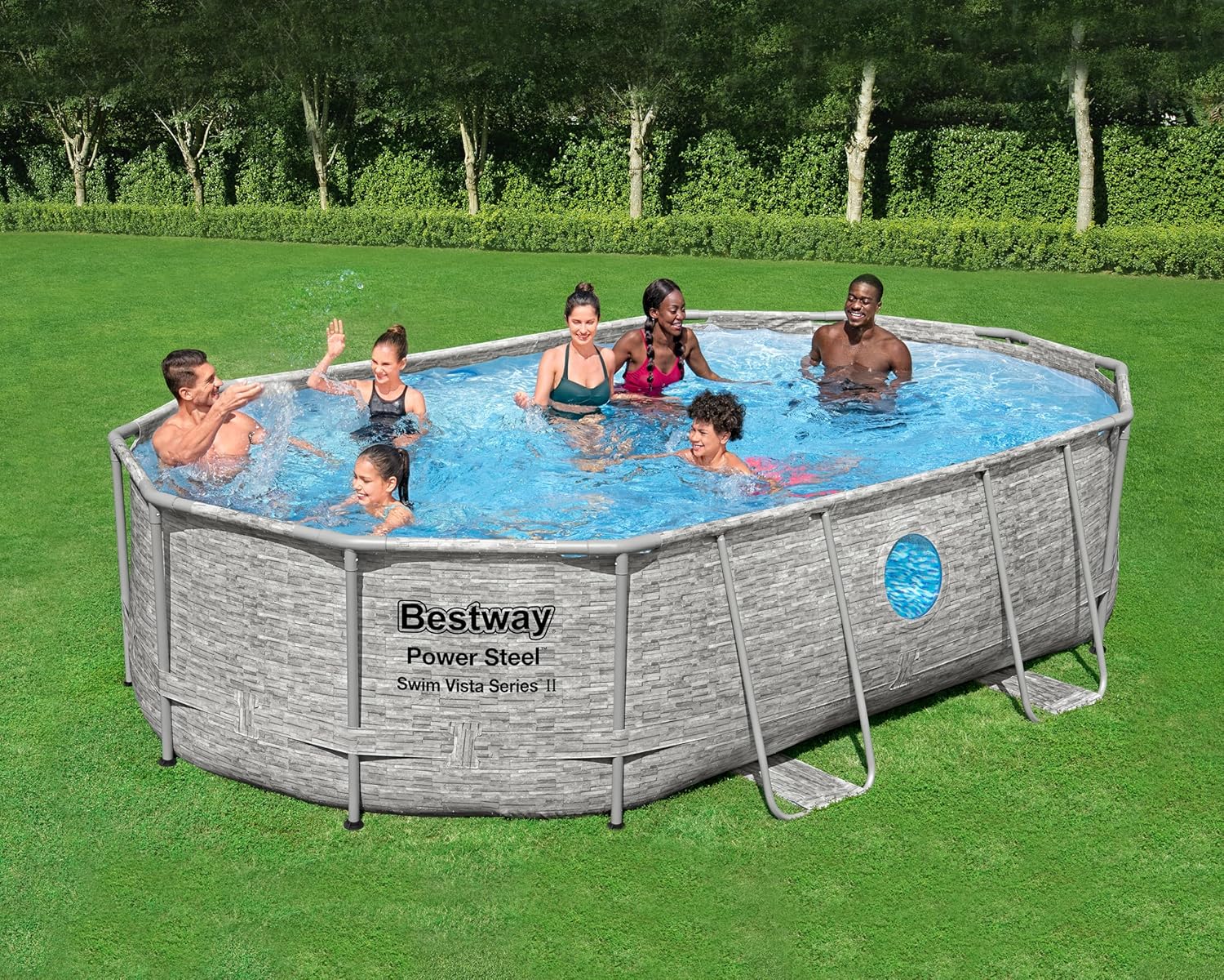 Bestway Power Steel Swim Vista Series Pool Kit Complet Ovale avec Filtre à Sable, échelle de sécurité et bâche 488 x 305 x 107 cm
