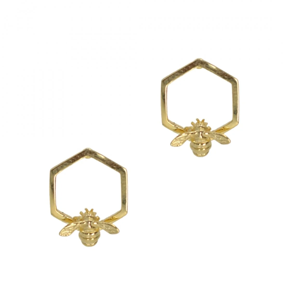 Bumble Bee Hexagon Silver Stud Earrings