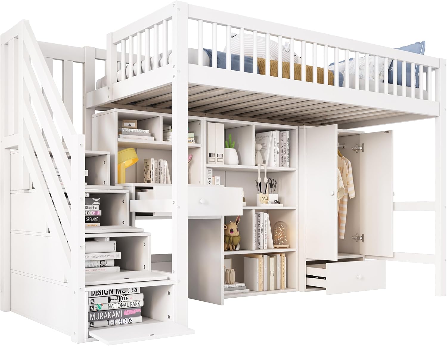 Kinderbett 90x200 cm, Hochbett mit Kleiderschrank Schreibtisch und Treppe, Einzelbett mit Schubladen und Schließfach, Funktionsbett Kinderhochbett Jugendhochbett mit Rausfallschutz & Lattenrost, Weiß