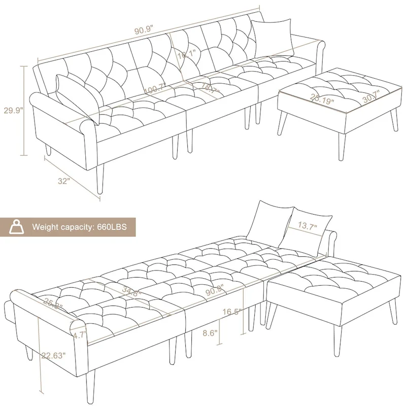 Convertible Velvet Sofa Couch, Sectional Sofa with Ottoman, Mid-Century Futon Sofa Bed - 32D x 100.7W x 29.9H