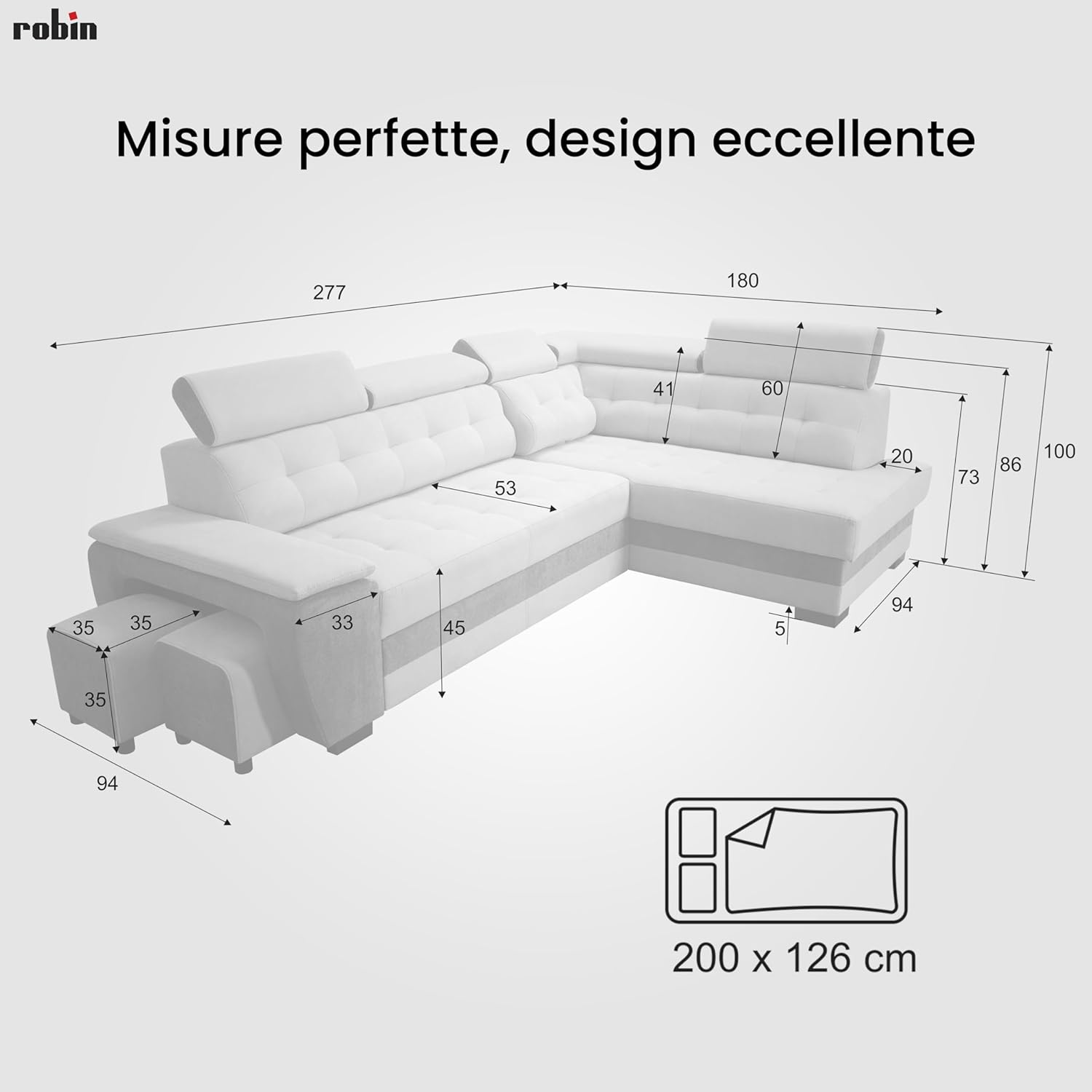 Robin Grand Divano angolare con funzione di letto cassetto per la biancheria due pouf poggiatesta regolabile angolo a sinistra grigio scuro 277 x 180 x 100