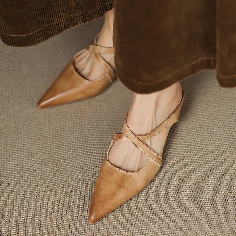 Women��s Leather Mules Pointed-Toe Cross-Strap Design with Low Heel