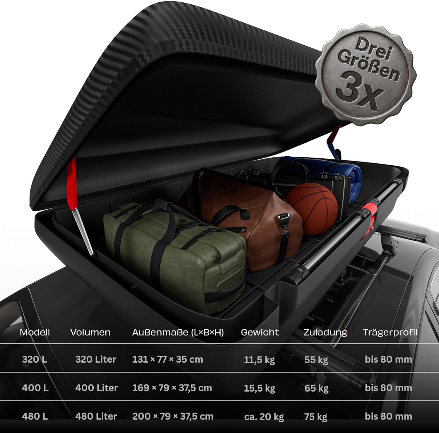 Dachbox VDP-BA480 - Dachkoffer mit 480 Liter Volumen - universal Autokoffer im Carbonlook - abschließbar Dank Zentralverriegelung - Dachkoffer für Dachgepäckträger