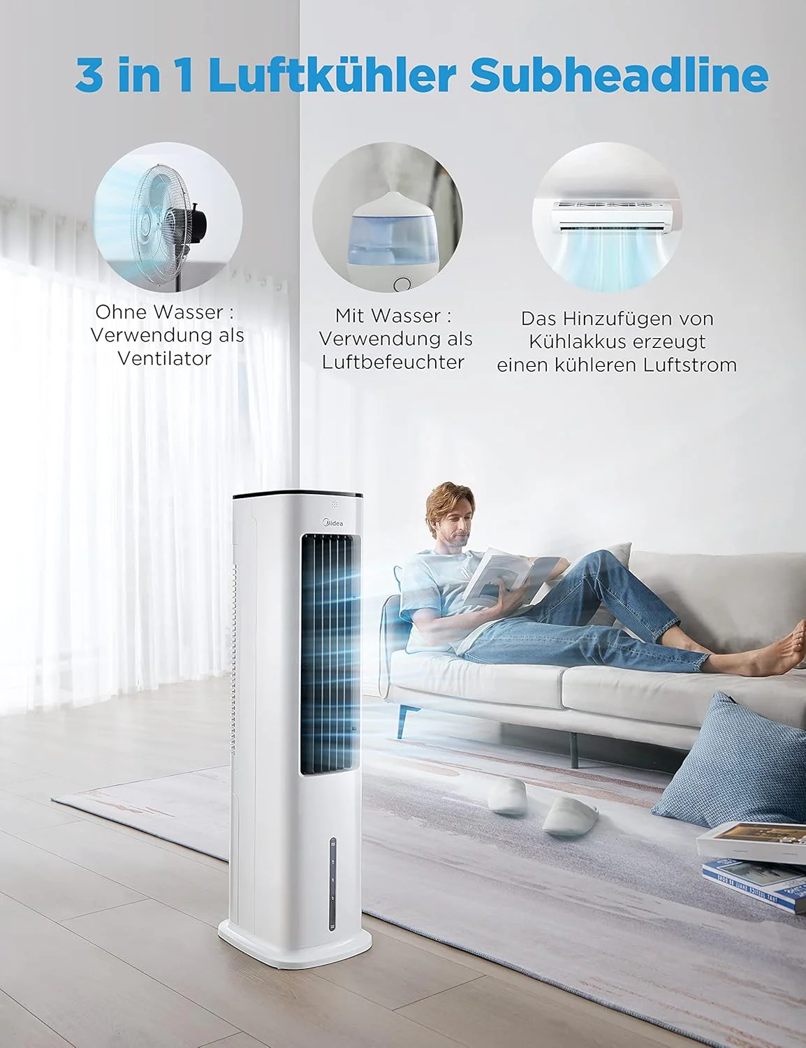 Midea Léghűtő vízhűtéssel, mobil légkondicionáló, ventilátor 5 literes vízhűtéssel, párásító és ionizáló, légkondicionáló elvezetőcső nélkül, 355m³/h, ventilátor távirányítóval, 55W, fehér