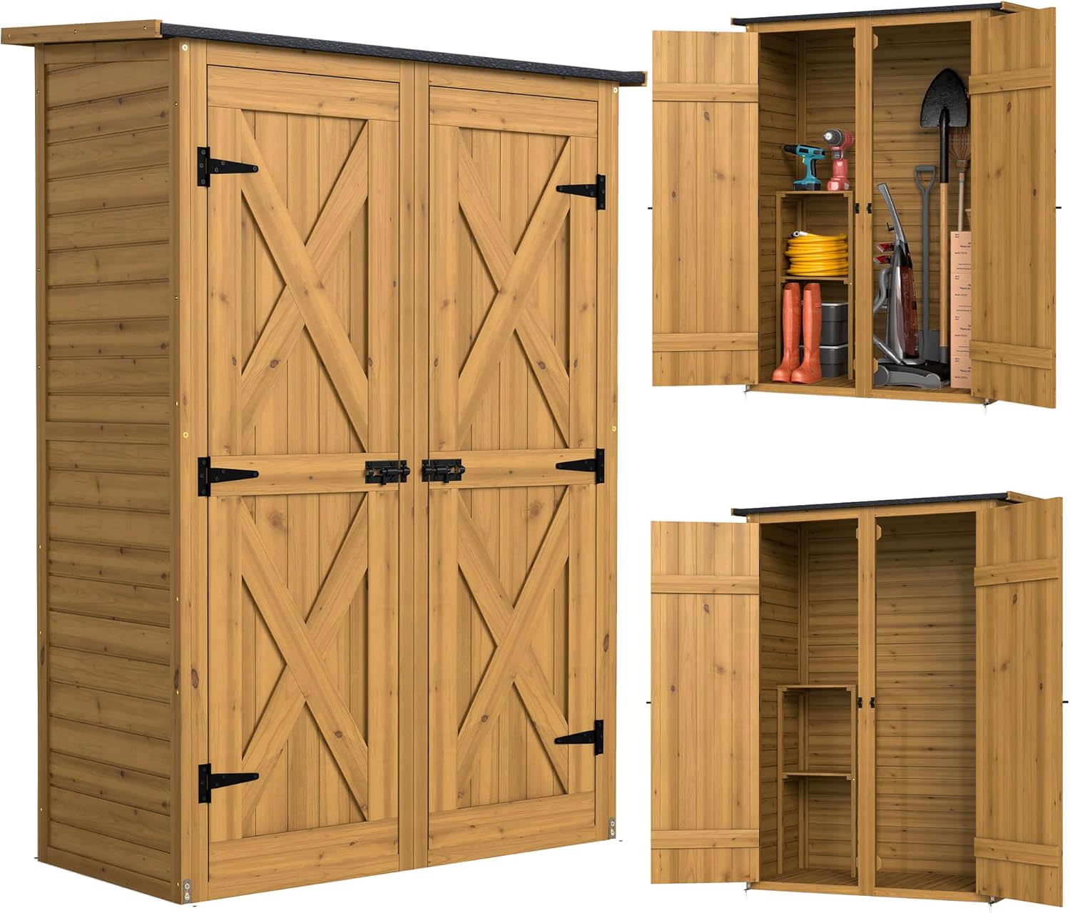 Outsunny Aufbewahrungsschuppen aus Holz, Gartenhaus mit 2 Regalen, Doppeltüren und Riegeln, Werkzeugschrank mit Schrägdach für Terrasse, Garten, Garage, Braun