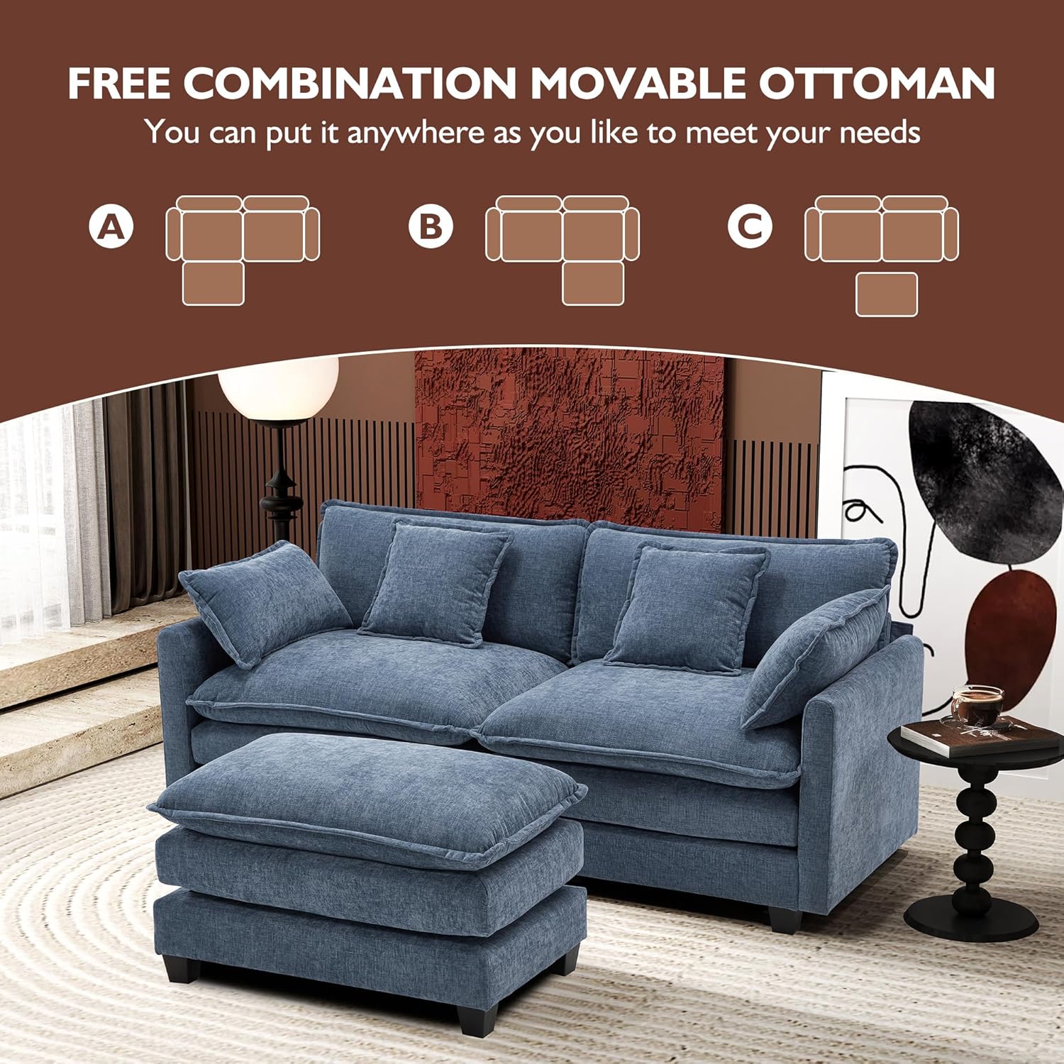 111.4 Inch L-Shaped Modern Sofa Modular Cloud Sofa Ottoman 4-Seater Chenille Deep Seat Sofa