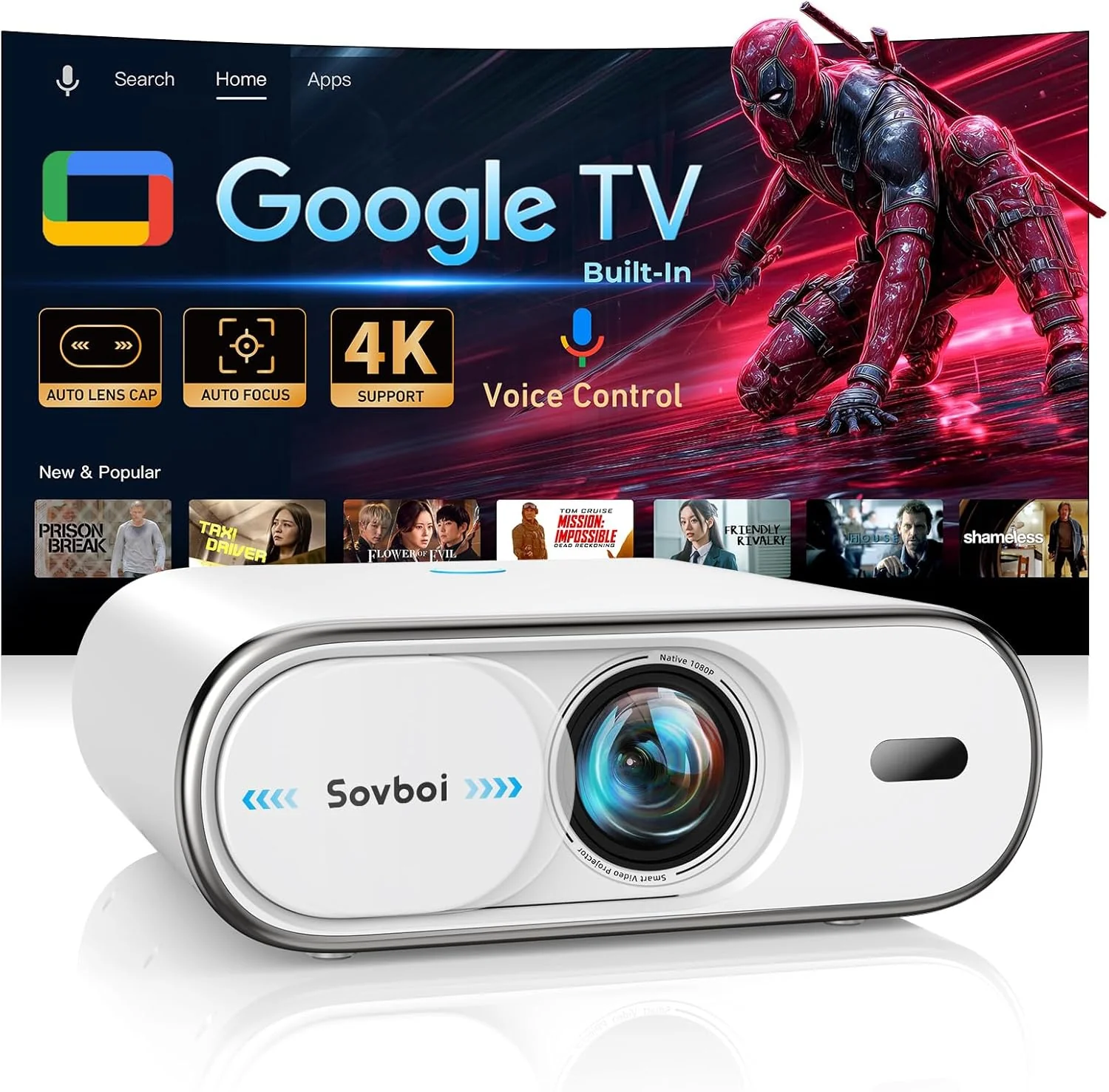 4K Projector Built-in Google TV: 2500 ANSI/Auto Lens Cap & 4D Keystone/Auto Focus