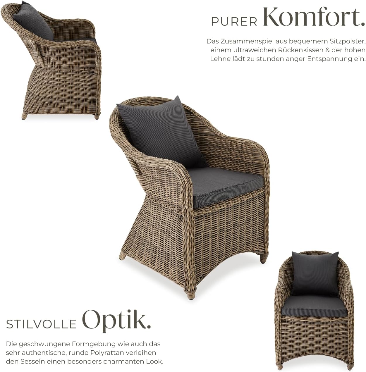 tectake® Alu Polyrattan Gartenstuhl 2er Set, Gartenmöbel Set mit 2 Sessel, wetterfest, Rattan Gartensessel mit weichen Sitzpolster, abziehbarer und waschbarer Bezug, stabil und bodenschonend - Natur