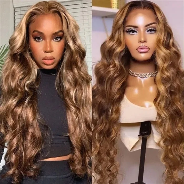 Piano Highlight 13x4 HD Lace Front Body Wave Honey Blonde 180% Density Human Hair Lace Frontal Wig