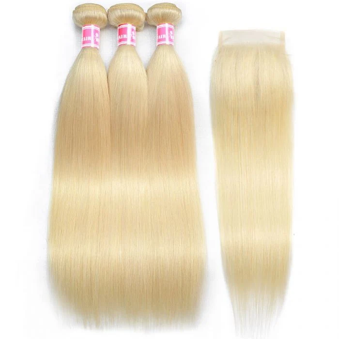 Pure 613 Color Straight Hair 3 Bundles With 4x4 Lace Closure Unprocessed Brazilian Virgin Human Hair