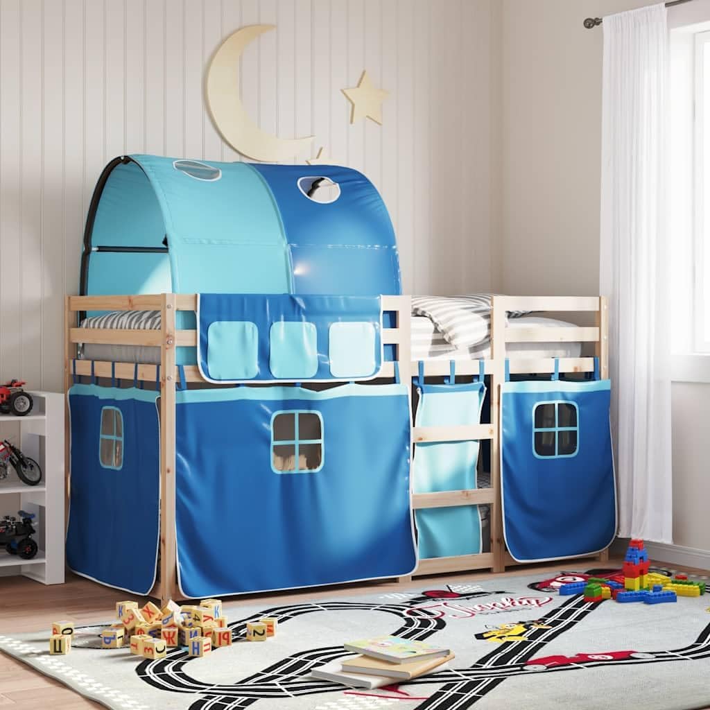 Letto a Castello 90 x 190 cm con Scivolo e Tende, per Bambini, Adolescenti, Letto a Soppalcocon Scala e Protezione Anticaduta, Letto a Castello, Lettino per Bambini, Blu