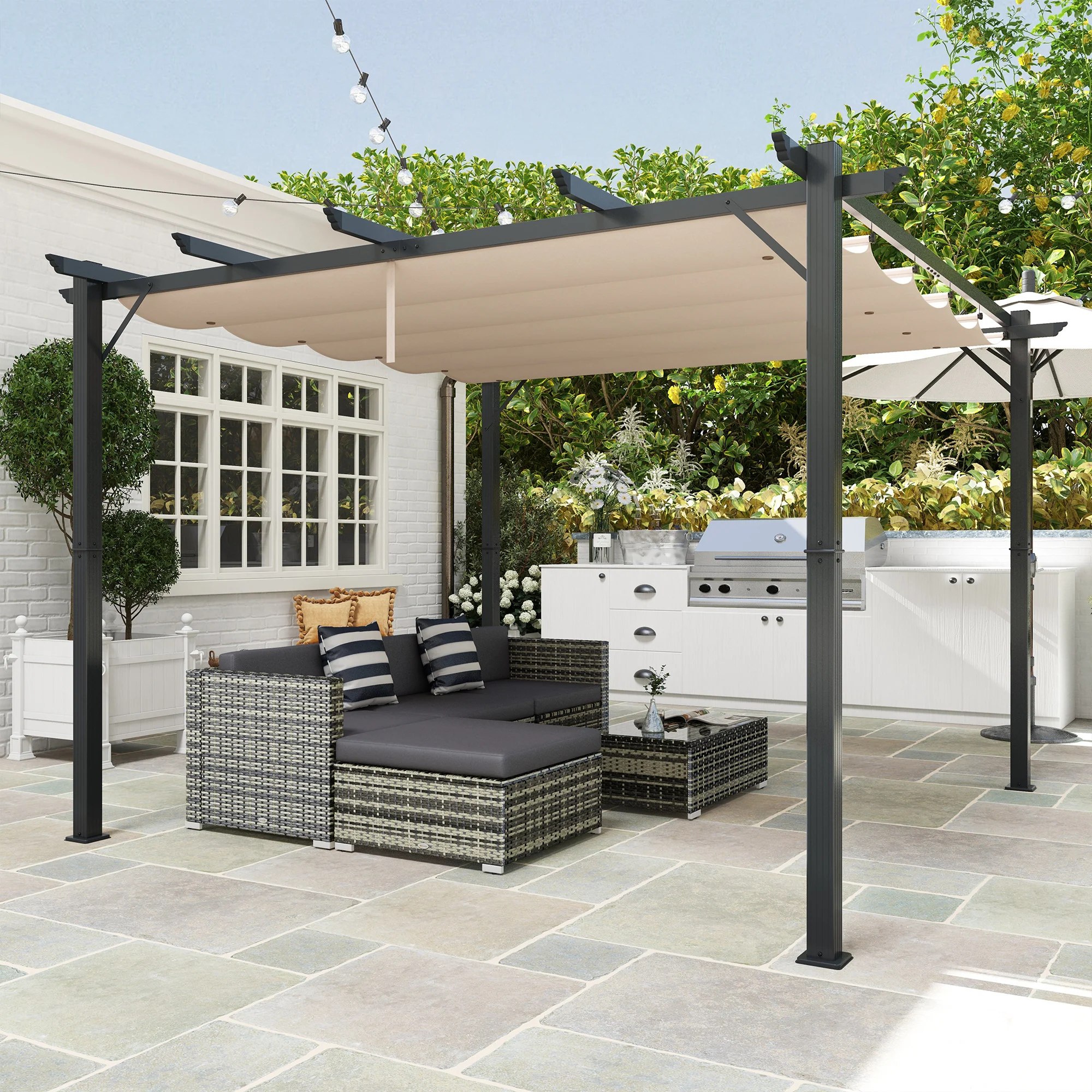 Outsunny Pergola met schuifdak paviljoen terrasoverkapping tuin aluminium 3 x 3 m bruin