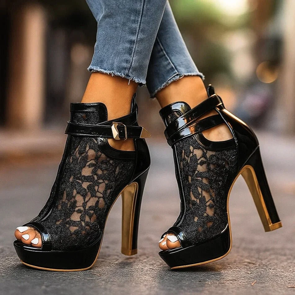 Women��s Gold Lace Peep-Toe Stiletto Heels with Ankle Strap