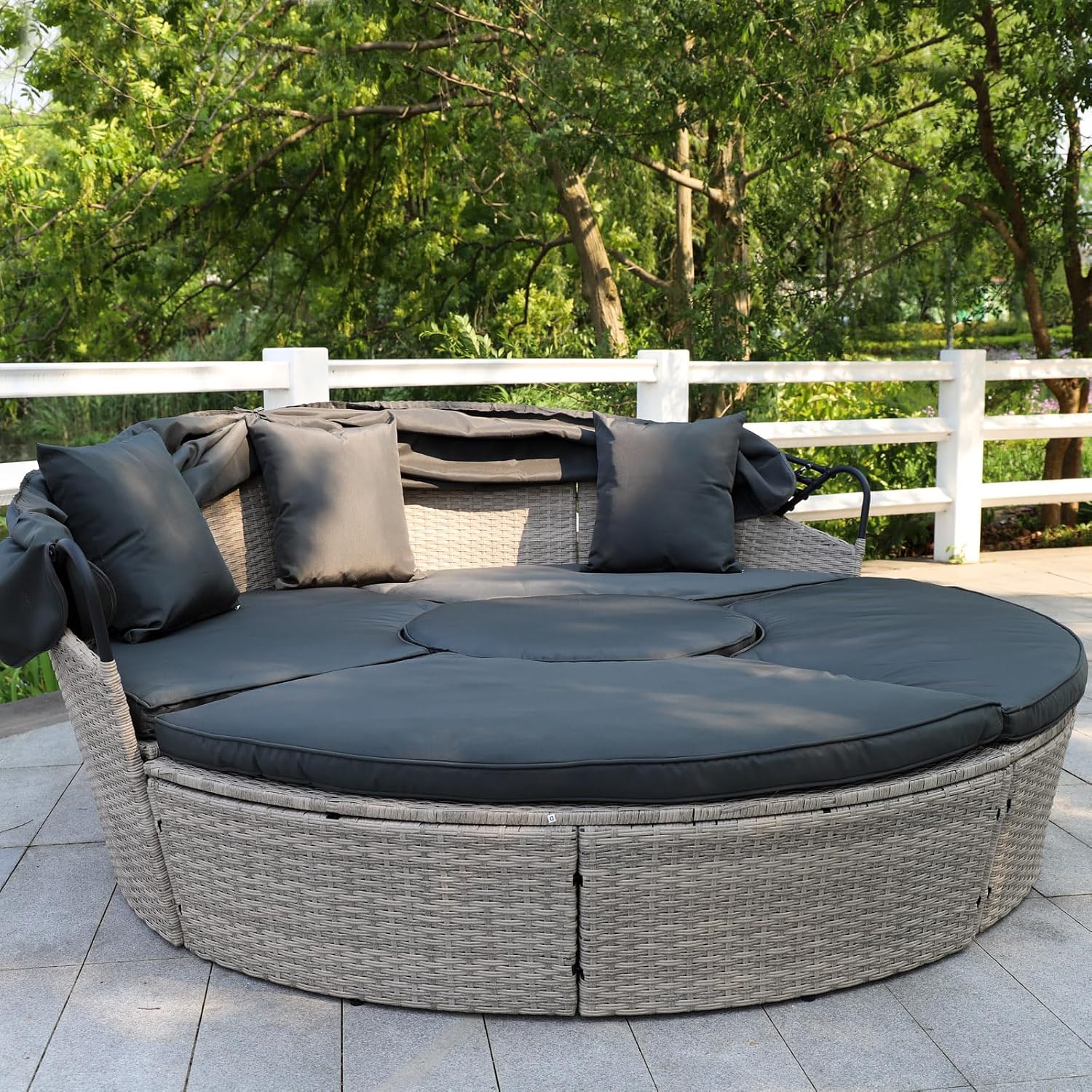 Poly Rattan Sonneninsel XL mit faltbarem Sonnendach Ø 180/210 cm inkl. Auflagen Kissen, Lounge Sonnenliege Gartenmuschel (Hellgrau, Dia 210)